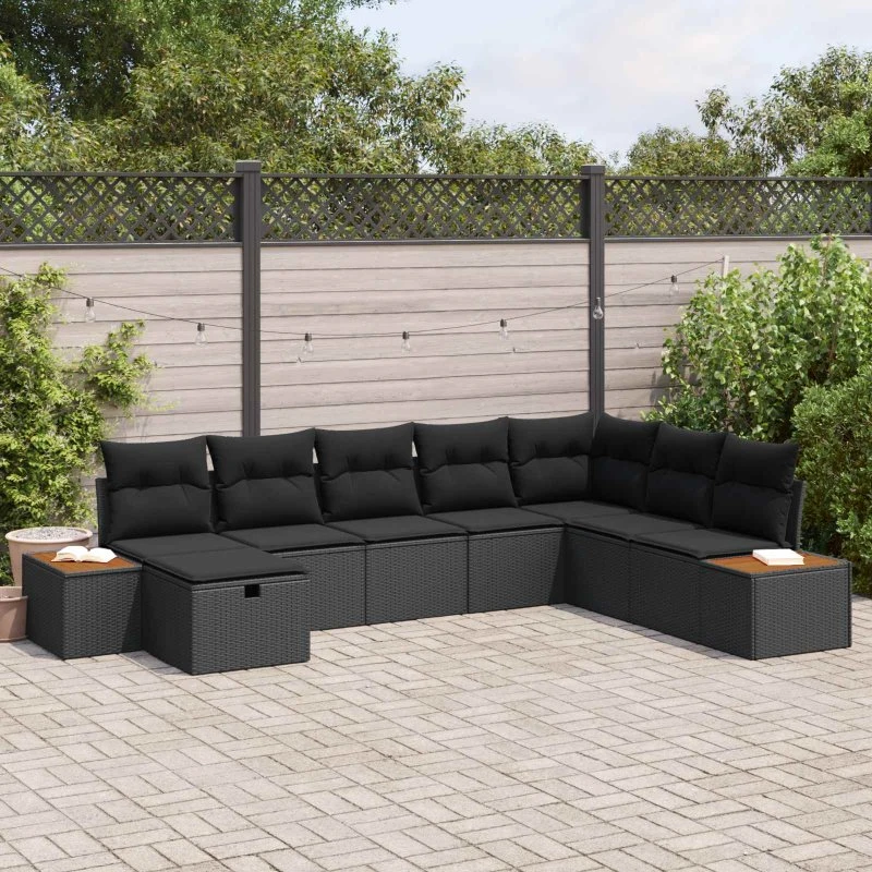 Havesofa sæt 8 dele i sort polyrattan med opbevaring