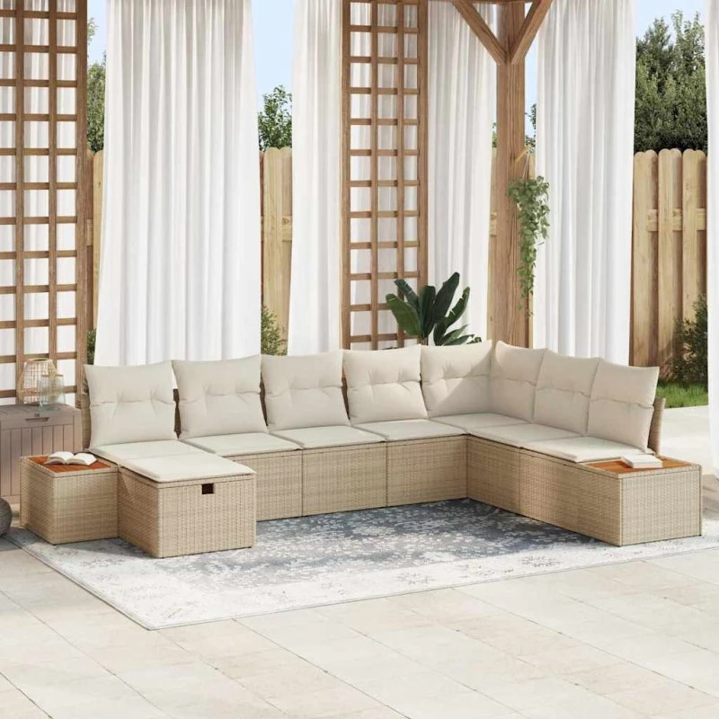 Modulært Havesofa Sæt 8-pers. Beige polyrattan m. pude & opbevaring