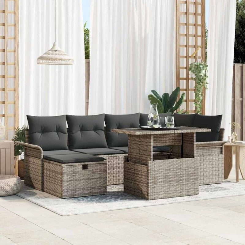 Modulært Havesofa Sæt 7 dele med Opbevaring, Grå Polyrattan