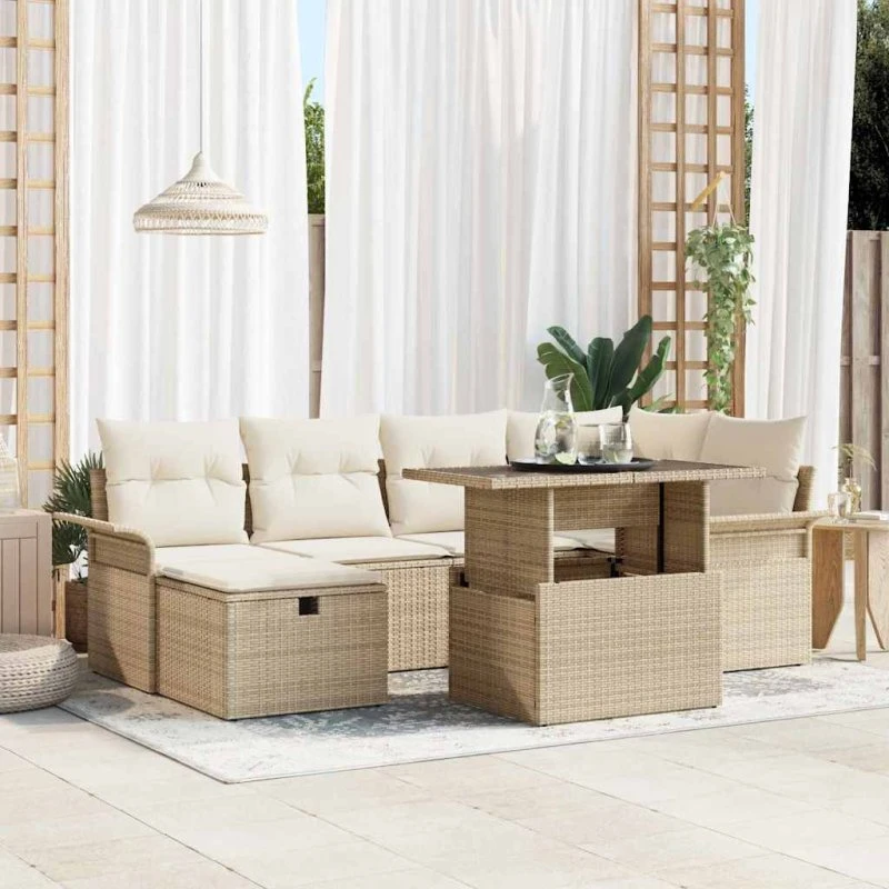 Modulært havesofa-sæt 7 dele – beige polyrattan m. opbevaring