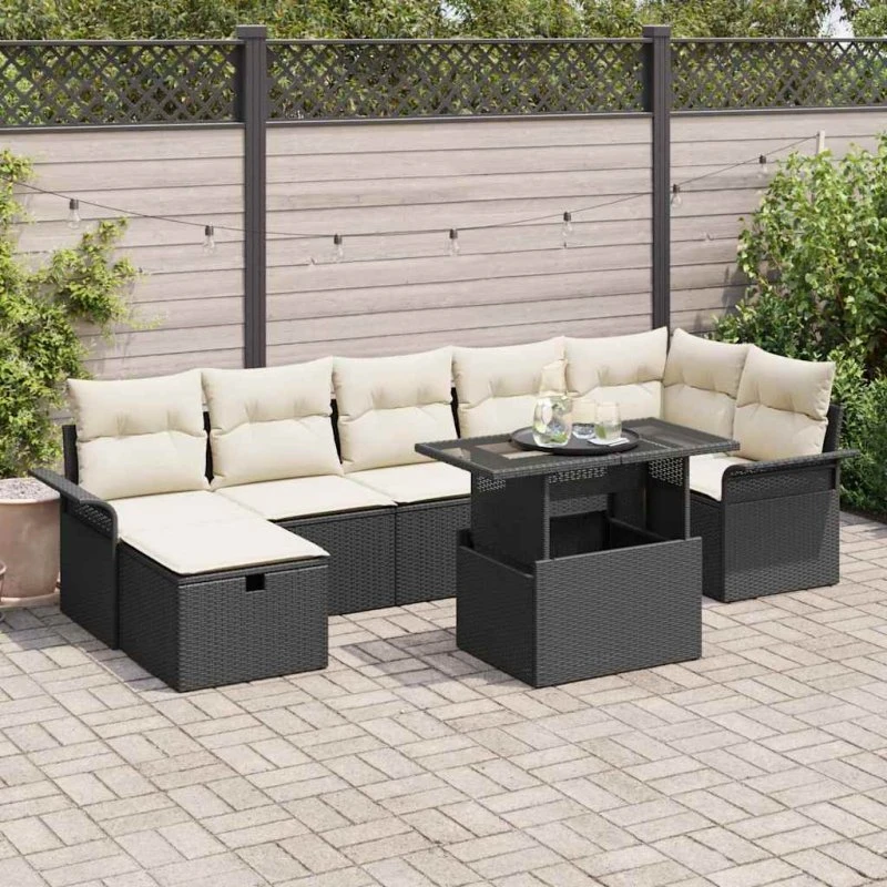 Havesofa sæt 8 dele med opbevaring – Sort poly rattan