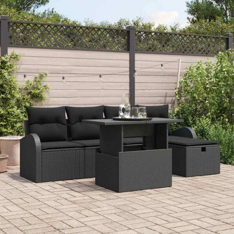 Havesofa sæt 6 pers. i sort poly rattan med opbevaring