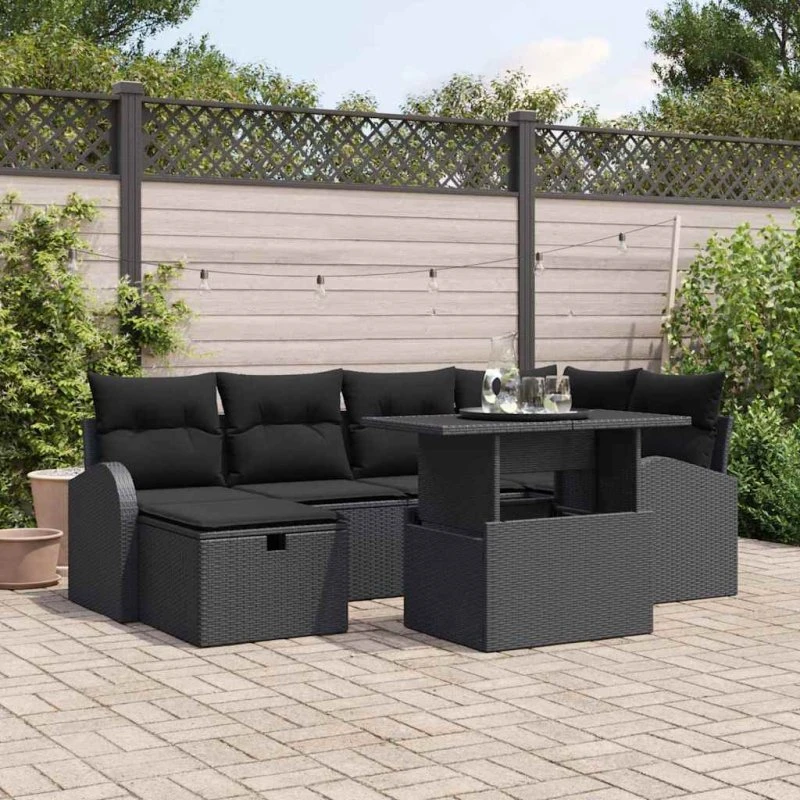 Modulært havesofa sæt 7 dele i sort polyrattan med opbevaring