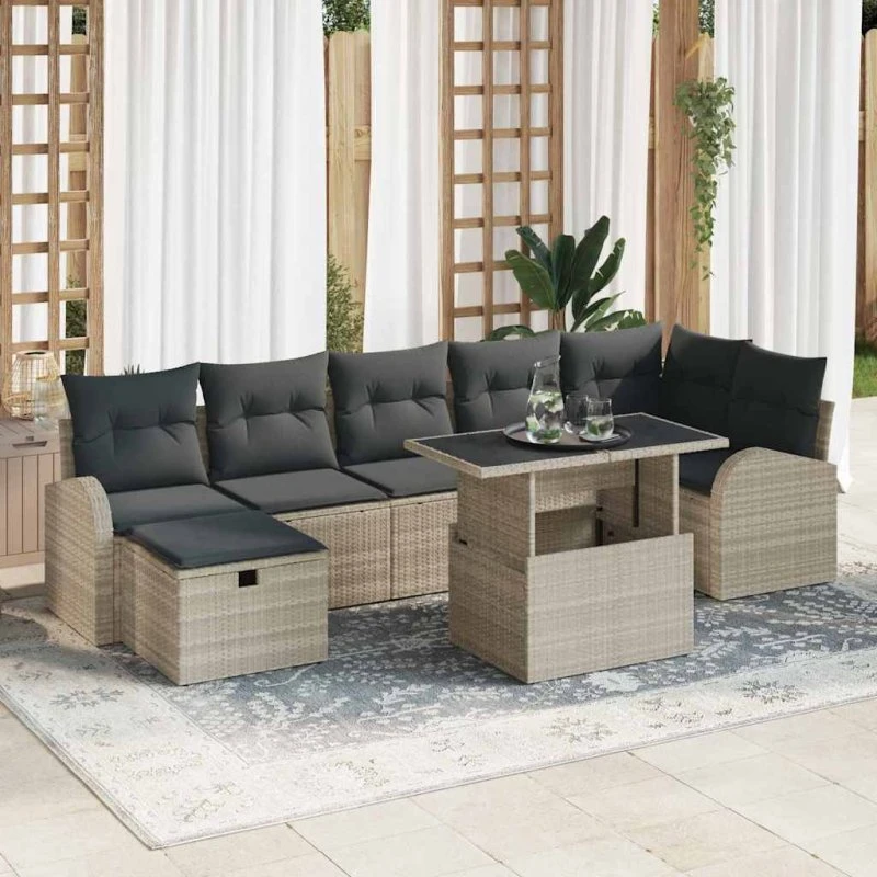 Havesofa sæt 8 dele lysegrå polyrattan med opbevaring