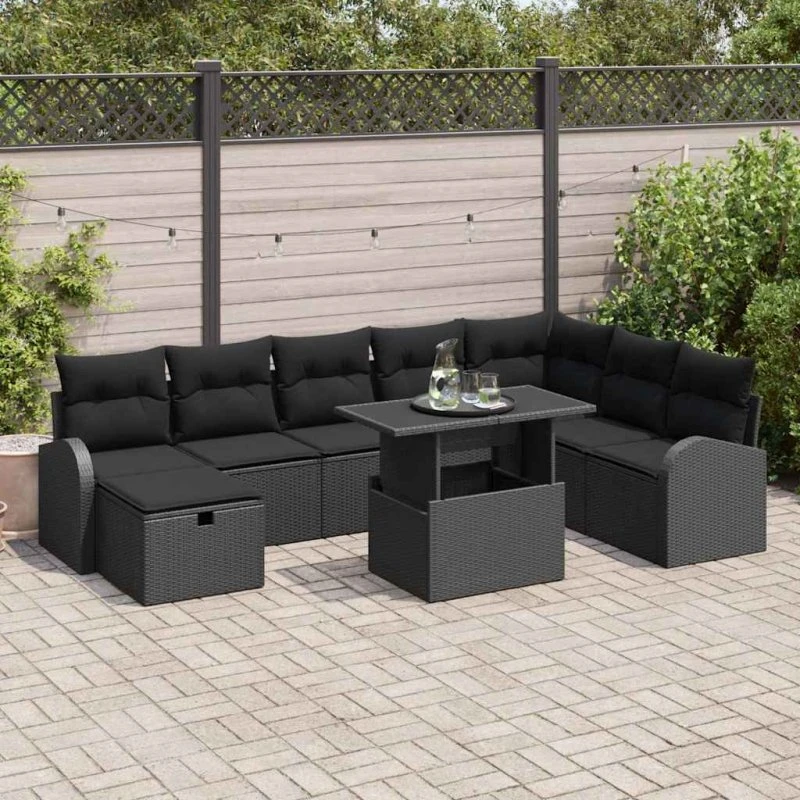 Modulært 9-pc havesofa sæt i sort polyrattan m/opbevaring
