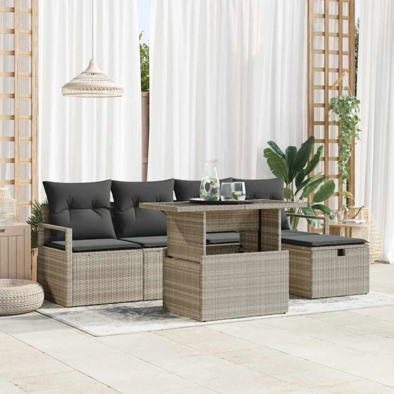 Havesofa sæt 6 dele med opbevaring Lysegrå poly rattan