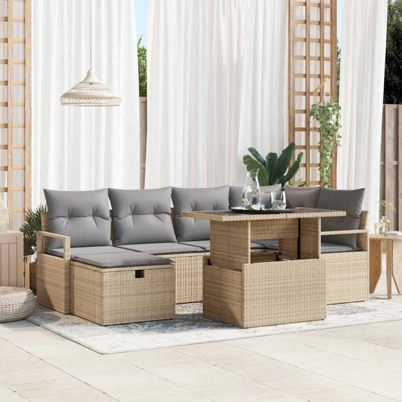 Havesofa sæt 7 dele beige i poly rattan med opbevaring