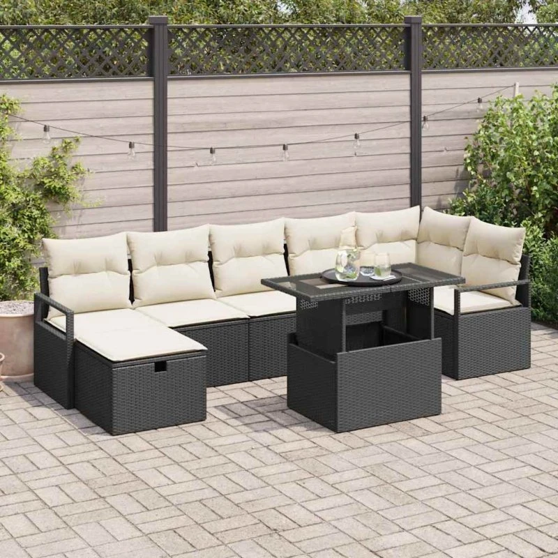 Havesofa sæt 8 dele med opbevaring – Sort poly rattan