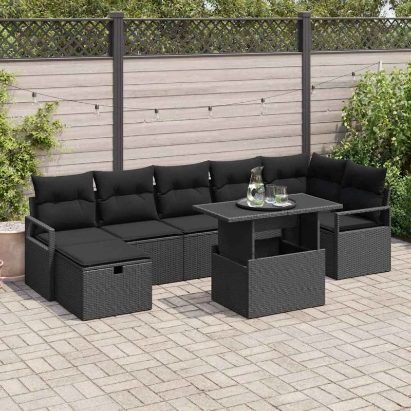 Havesofa sæt 8 dele med opbevaring – Sort poly rattan