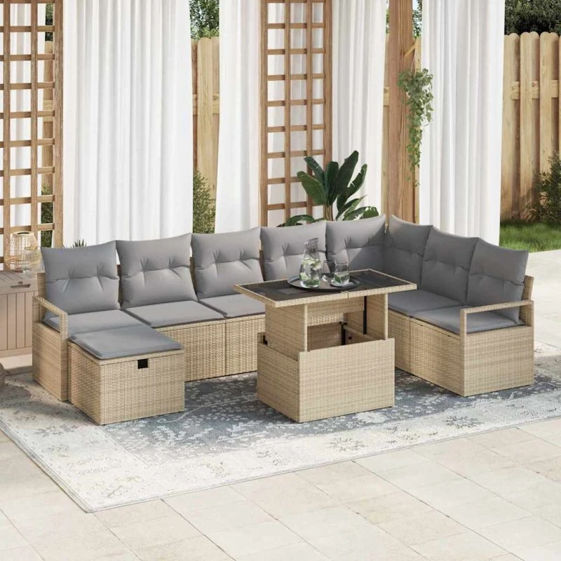 Havesofa sæt 9 dele med opbevaring - Beige poly rattan