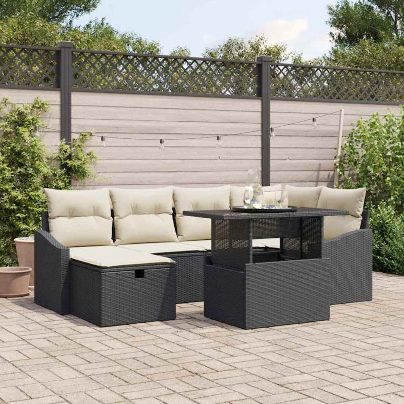 Havesofa sæt 7 dele i sort polyrattan med hynder