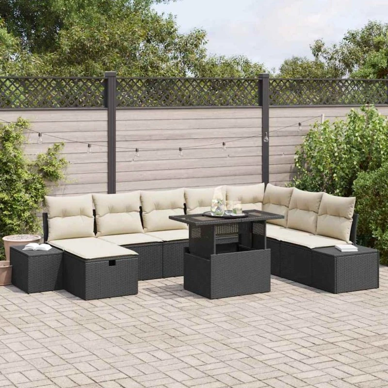 Havesofa Sæt 9 dele i sort polyrattan - modulær lounge