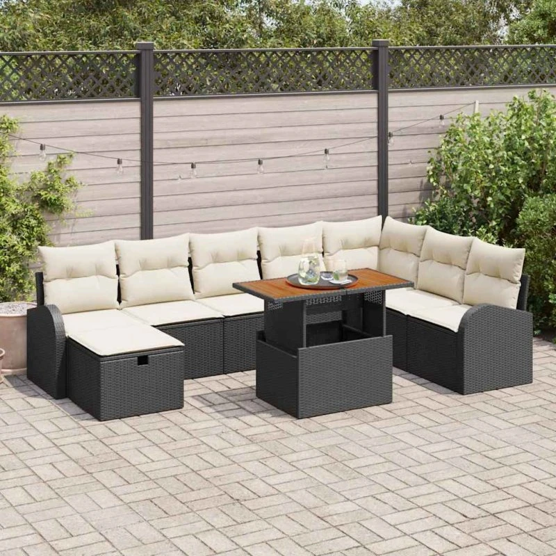 Havesofa sæt 9 dele - Sort polyrattan