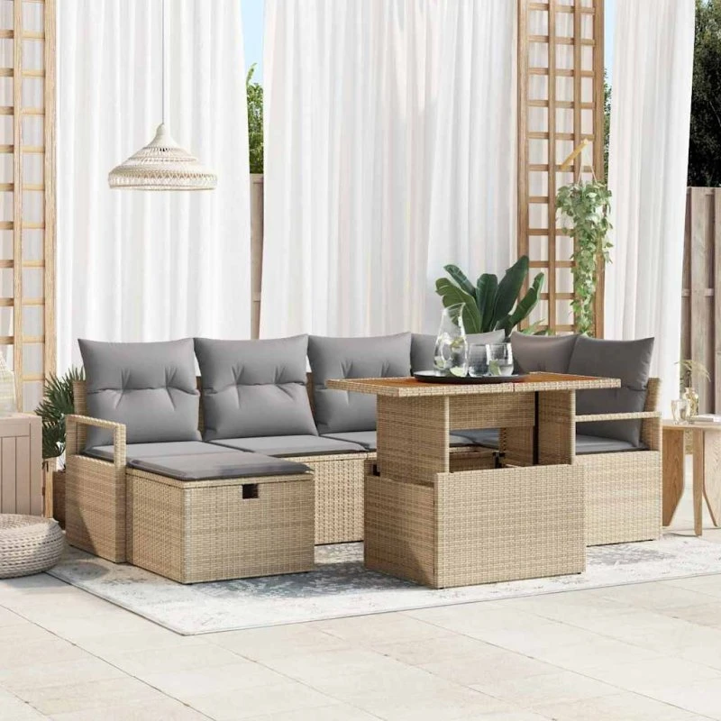 Havesofa sæt 7 dele beige polyrattan