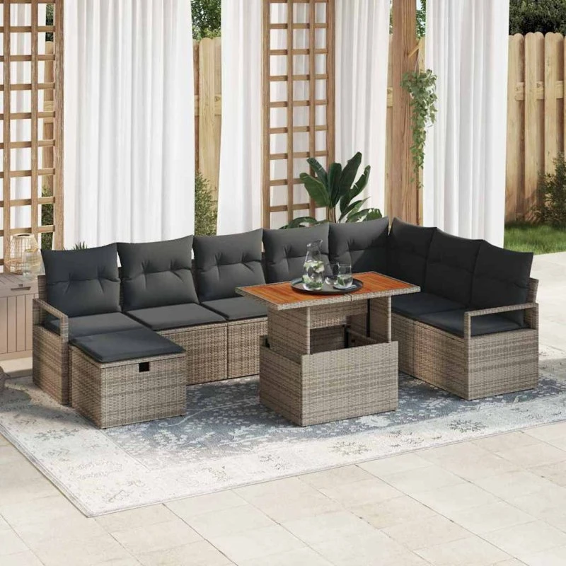 Havesofa sæt 9 dele i grå polyrattan og akacietræ