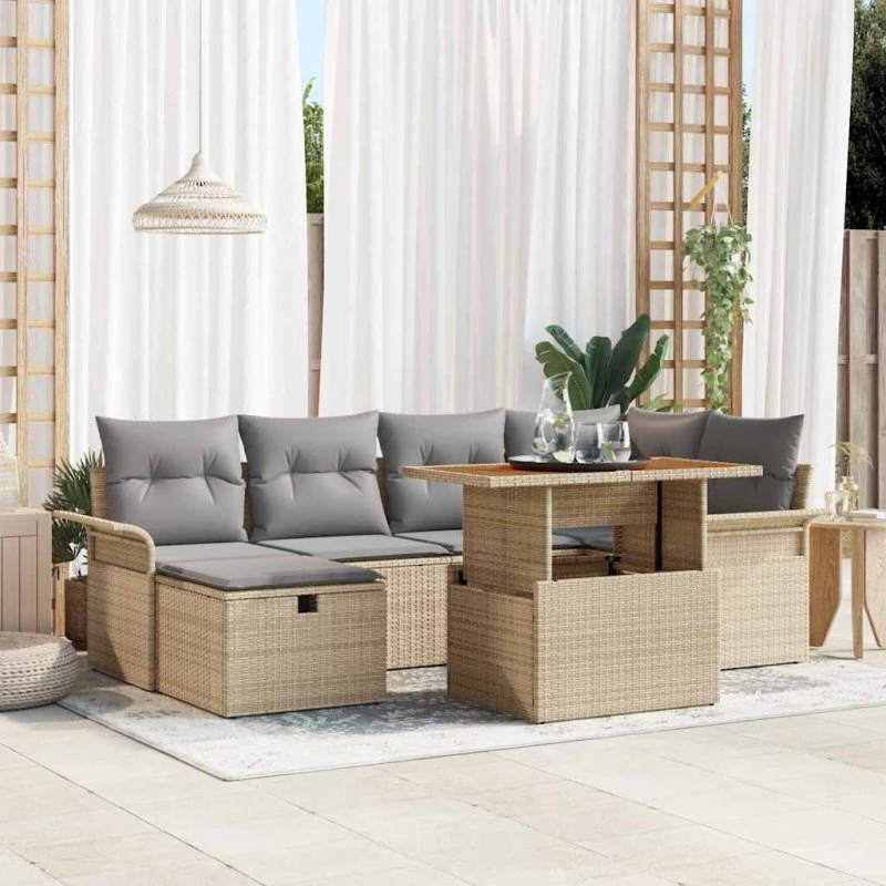 Havesofa Sæt 7-del Beige polyrattan med akacietræ