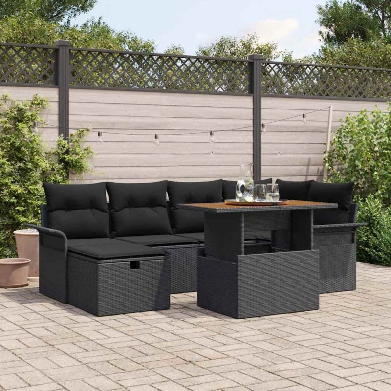 Havesofa Sæt 7 dele i sort polyrattan og akacietræ