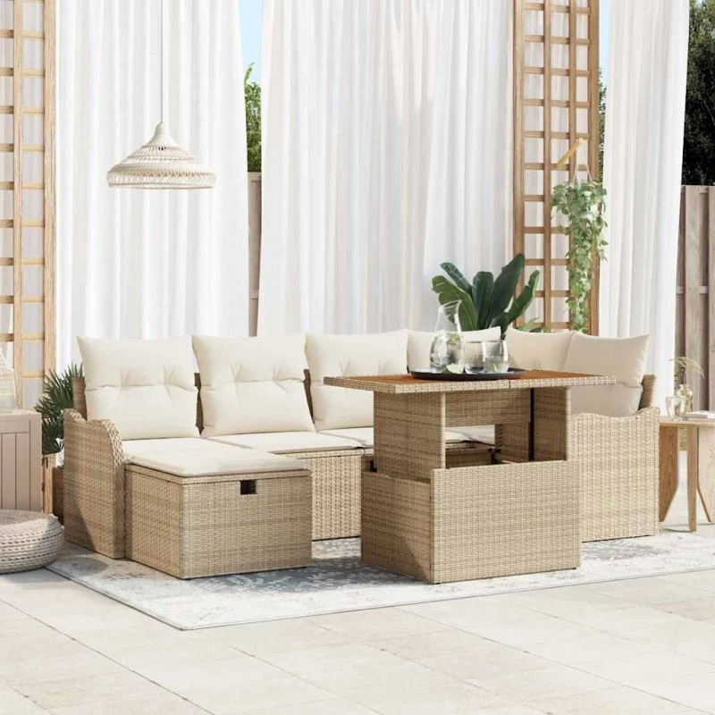 Havesofa sæt 7 dele beige polyrattan