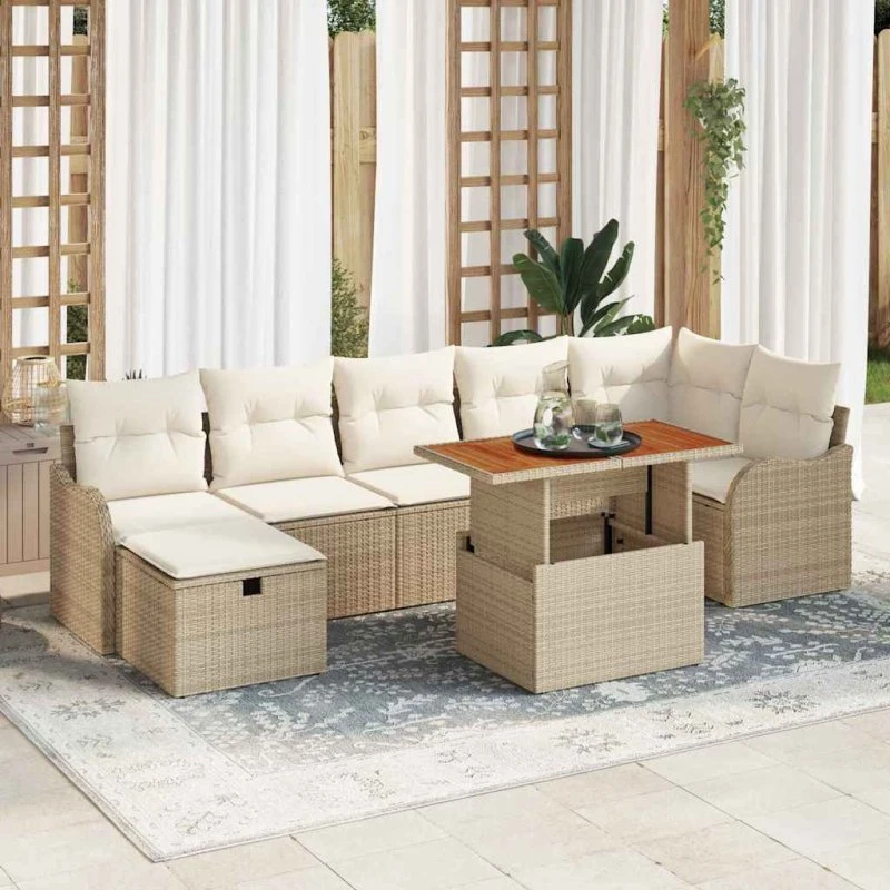 Havesofa sæt 8 dele i beige poly rattan med opbevaring