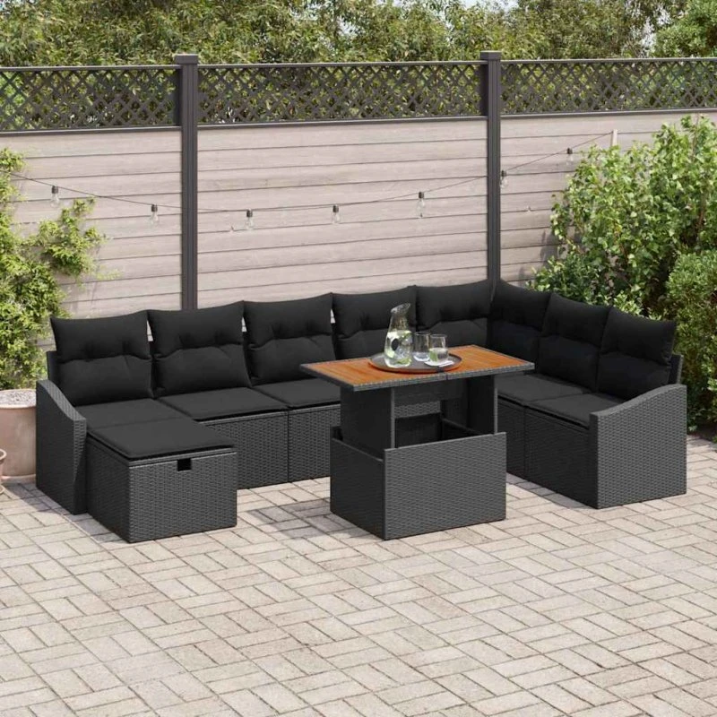 Havesofa sæt 9 stk sort polyrattan – modulært udendørs sæt