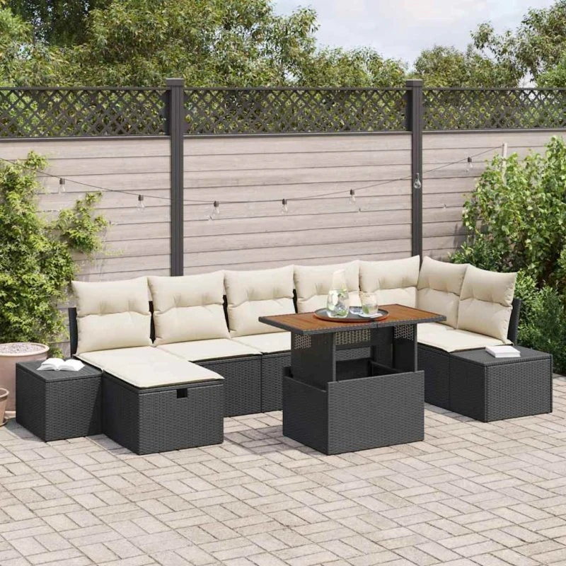 Havesofa Sæt 8 dele i sort polyrattan med akacietræ
