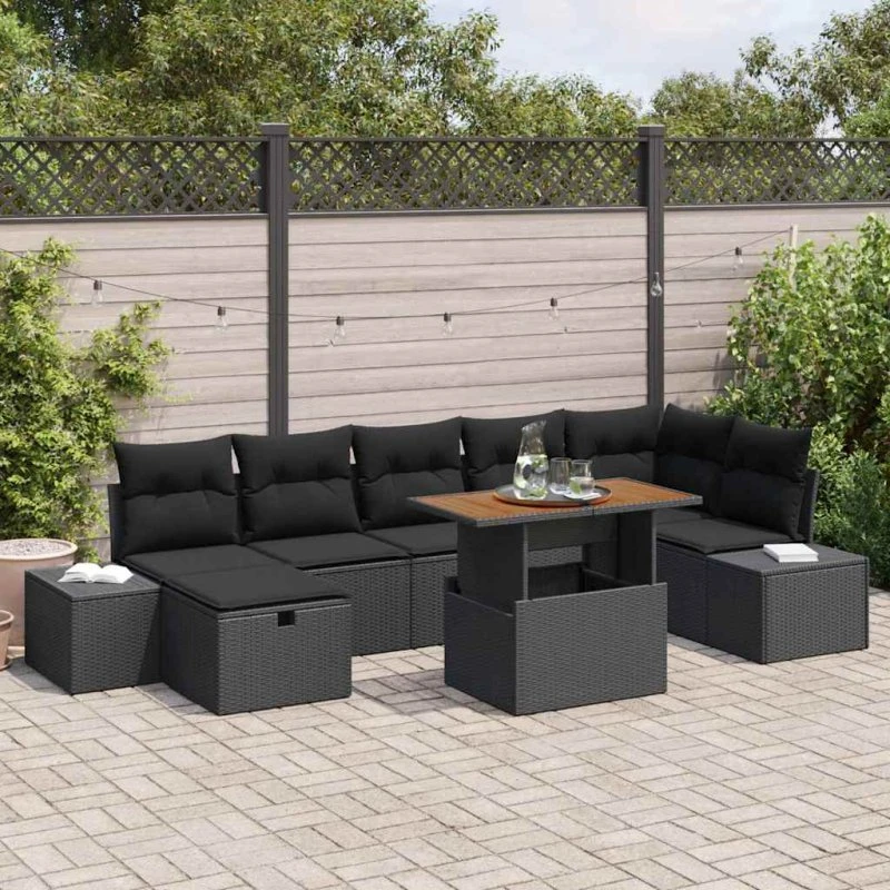 Havesofa Sæt 8-del Sort polyrattan med akacietræ