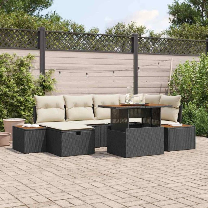 Havesofa sæt 7 dele i sort polyrattan