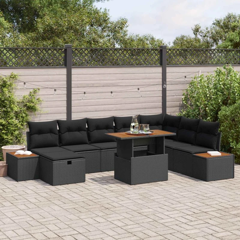 Havesofa sæt 9 dele i sort polyrattan med opbevaring