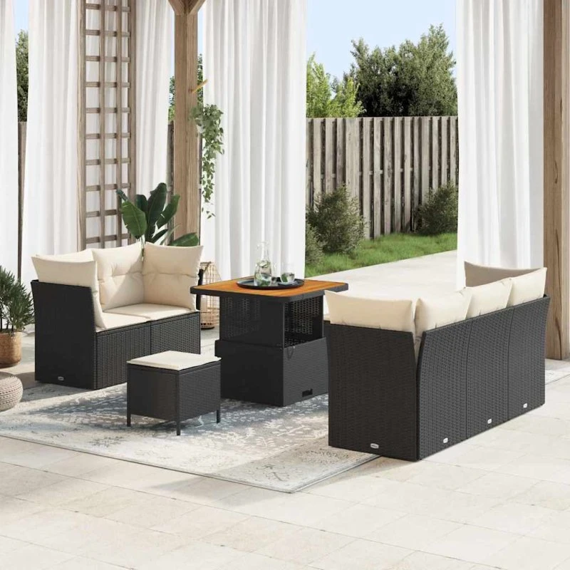 Havesofa sæt 8 dele i sort polyrattan og akacietræ