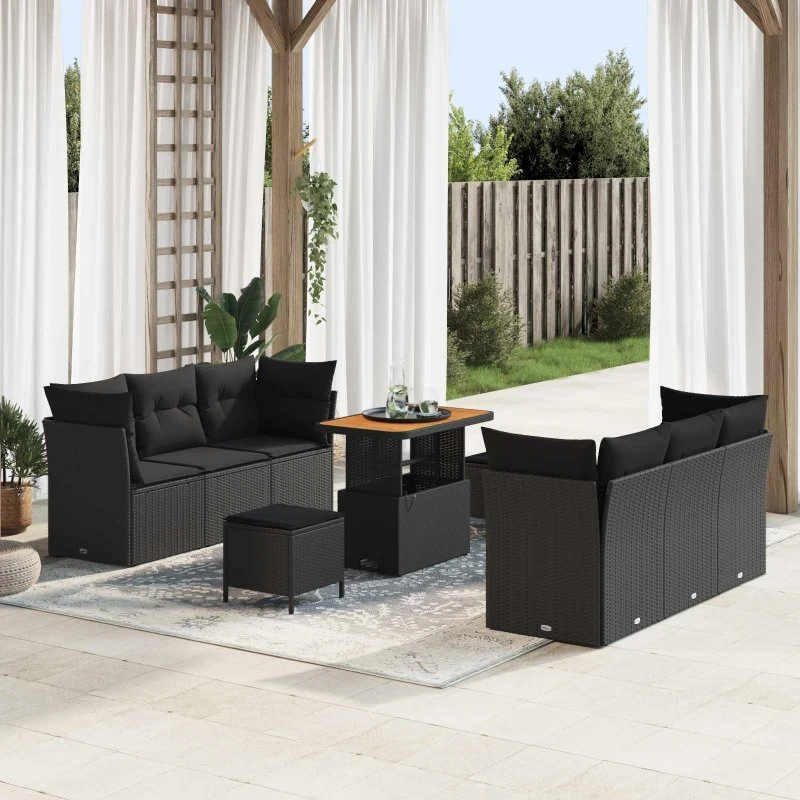 Havesofa sæt 9 dele i sort polyrattan med puder