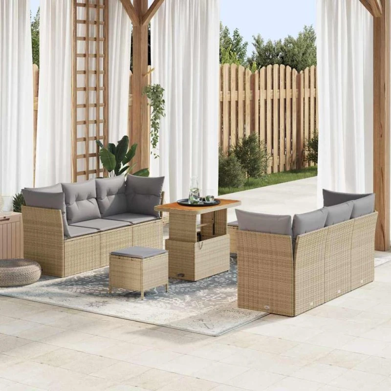 Havesofa sæt 9 dele i beige polyrattan med puder