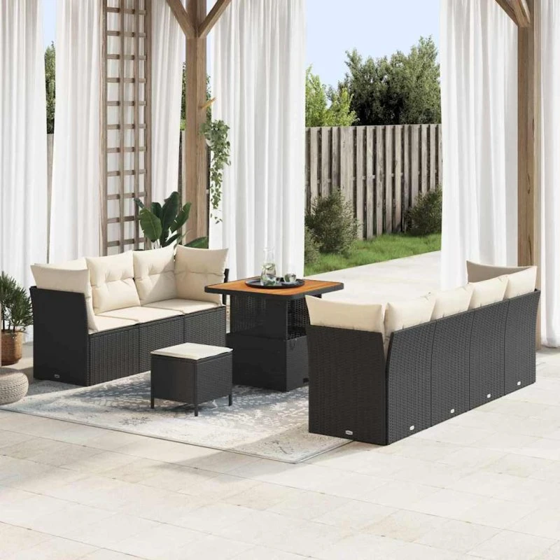 Havesofa Sæt 10 dele i sort polyrattan