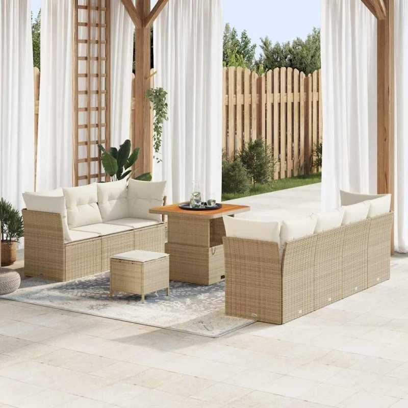 Havesofa sæt 10 dele i beige polyrattan og akacietræ