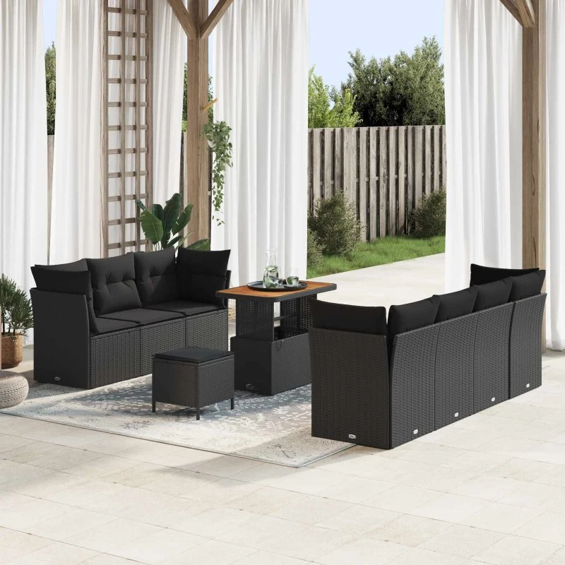 Havesofa Sæt 10 dele – Sort polyrattan & akacietræ