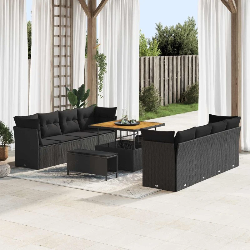 Havesofa Sæt 11 dele i Sort Polyrattan
