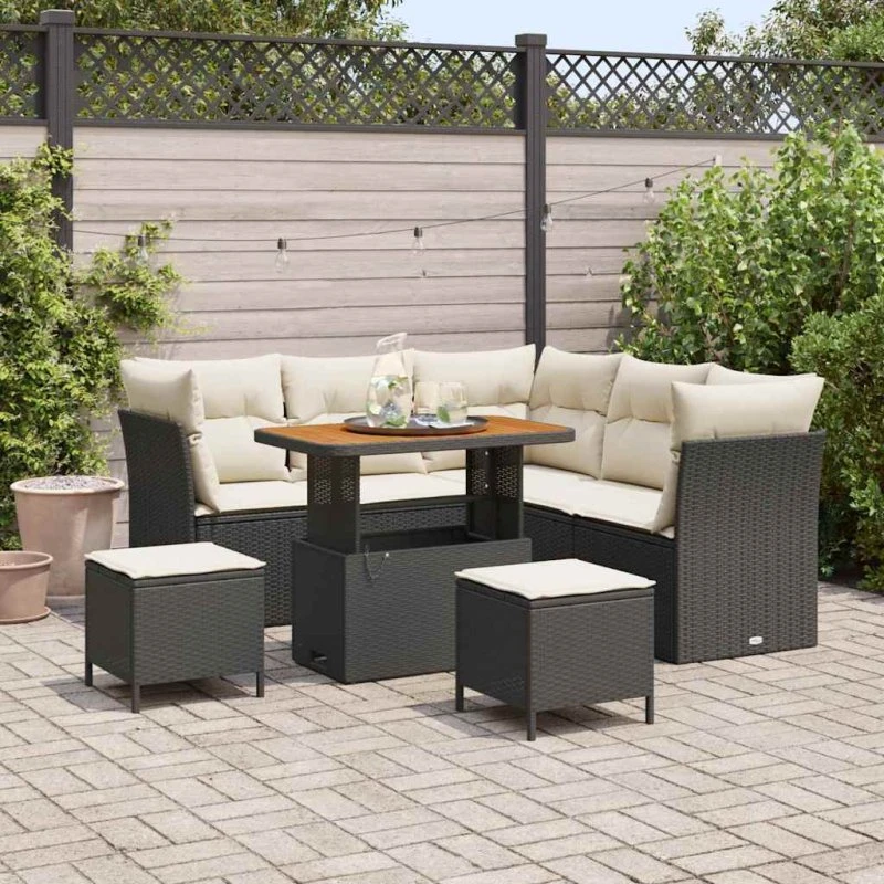Havesofa Sæt 8 pers. Sort polyrattan med akacie