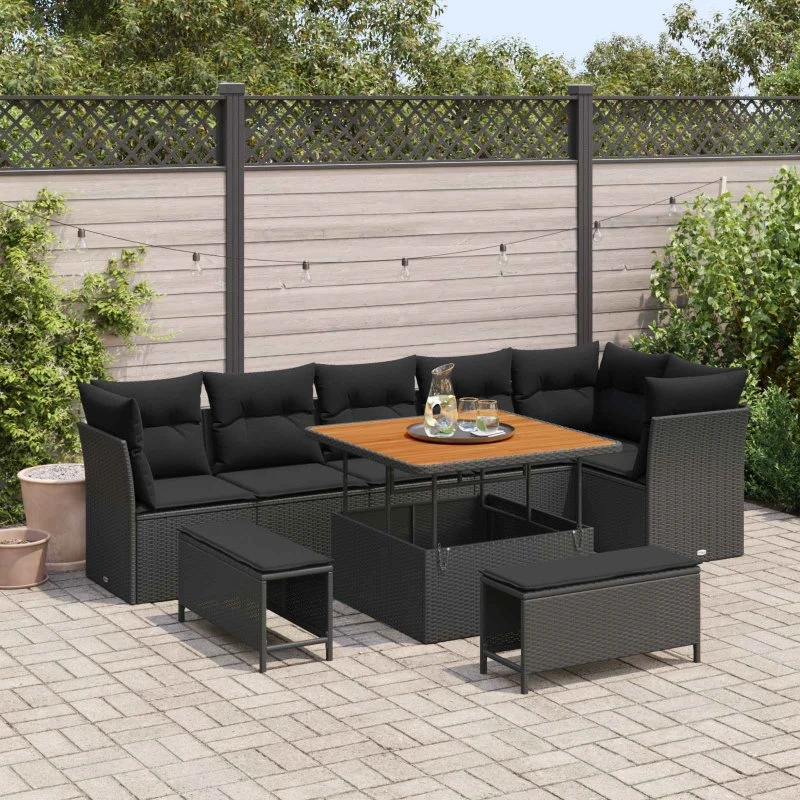 Havesofa sæt 9 dele i sort polyrattan og akacietræ