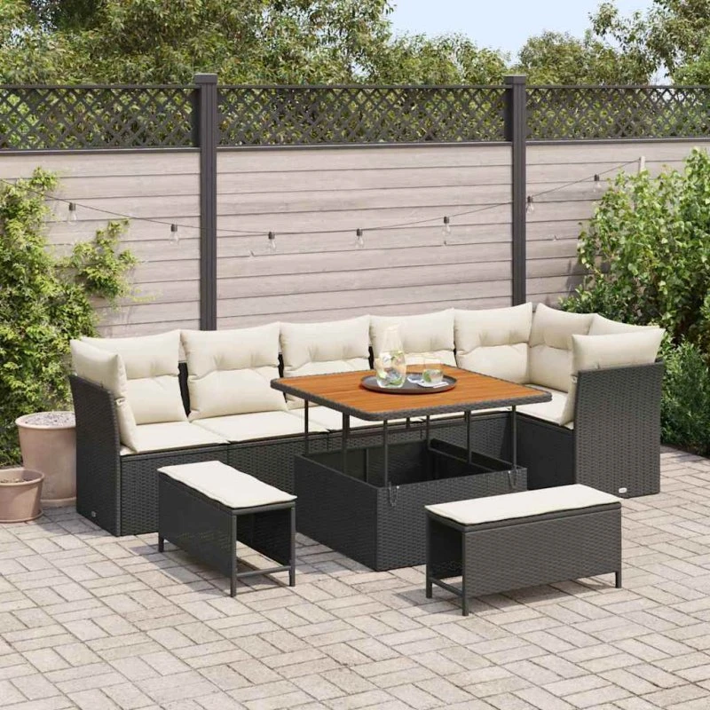 Havesofa sæt 9 dele i sort polyrattan og akacietræ