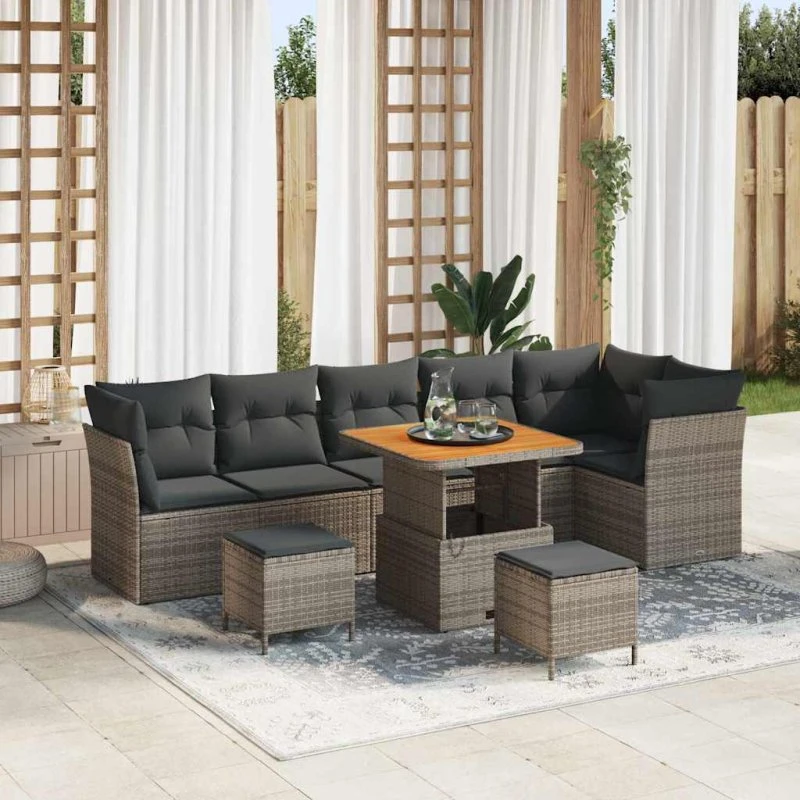 Havesofa Sæt 9 dele i Grå Polyrattan og Akacietræ