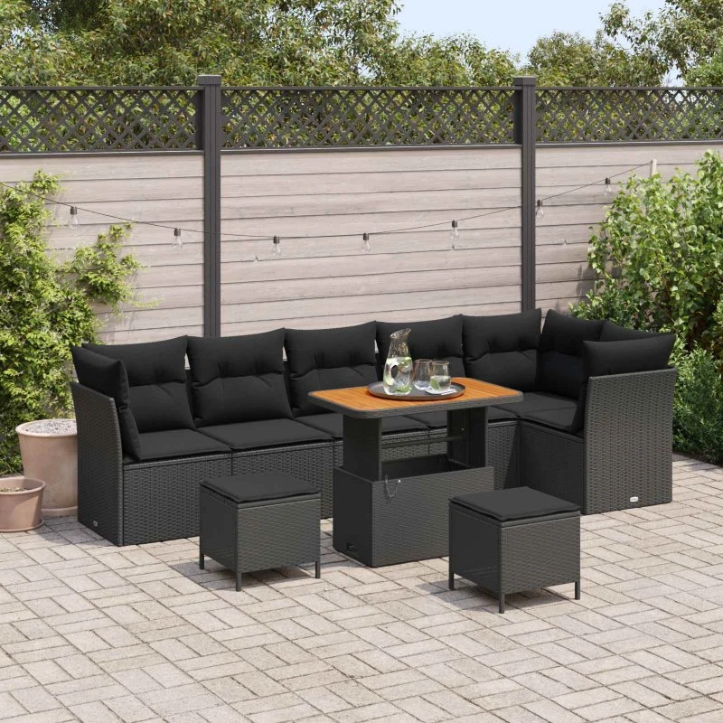 Havesofa sæt 9 dele - Sort polyrattan & akacietræ
