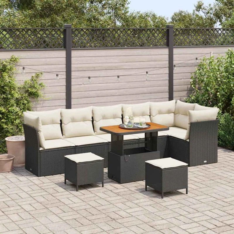 Havesofa sæt 9 dele i sort polyrattan og akacietræ