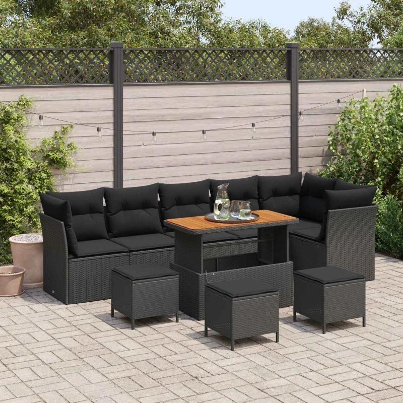 Havesofa sæt 10 dele i sort polyrattan og akacietræ