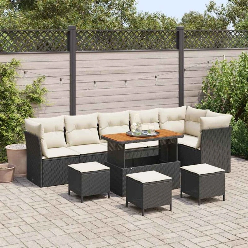 Havesofa sæt 10 dele – Sort polyrattan & akacietræ