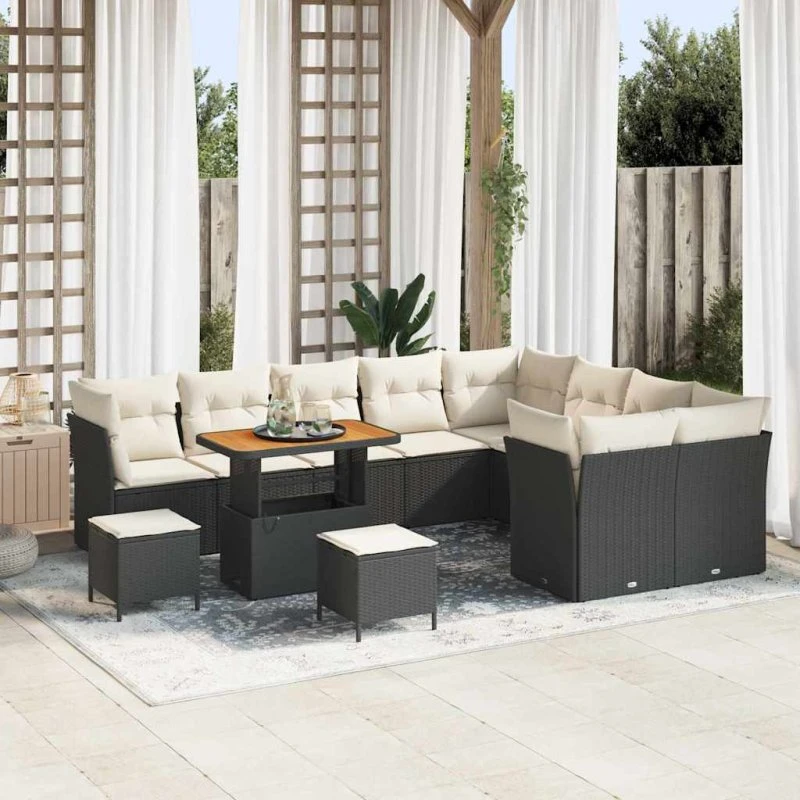 Havesofa sæt 12 dele – Sort polyrattan & akacietræ