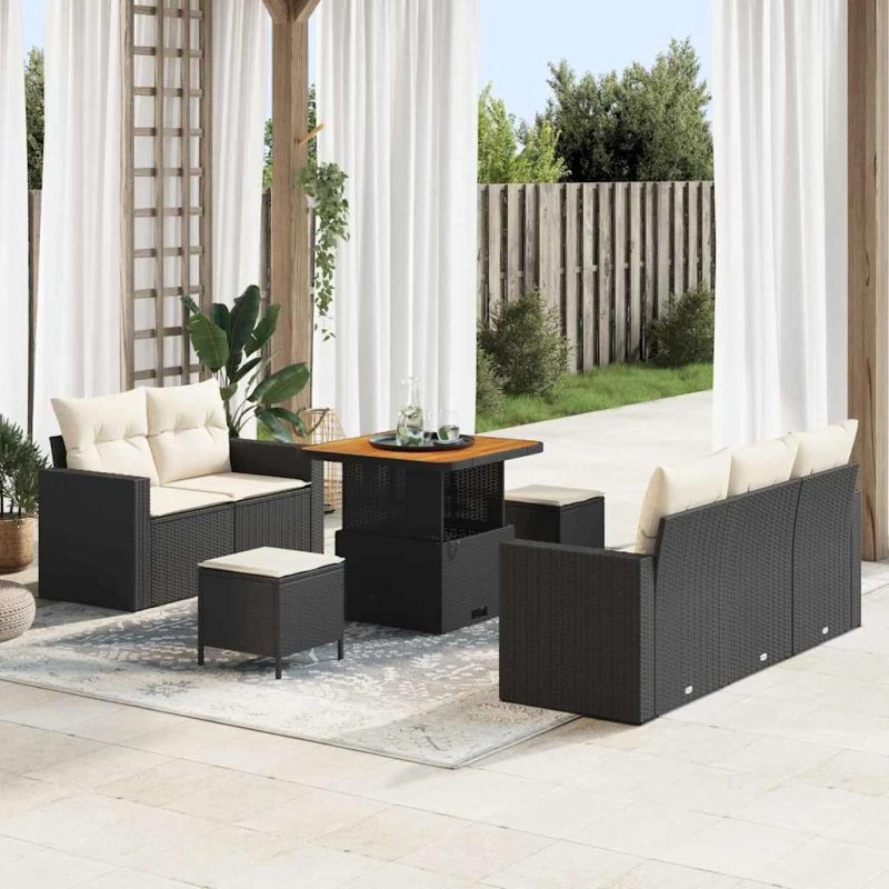 Havesofa sæt 8 dele i sort polyrattan – modulær