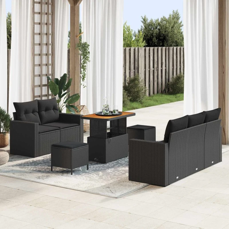Havesofa sæt 8 dele - sort polyrattan, modulær