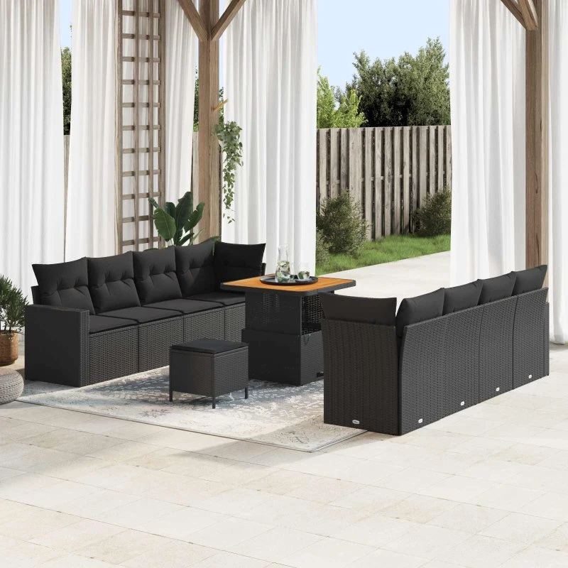 Havesofa sæt 11 dele sort polyrattan & akacietræ