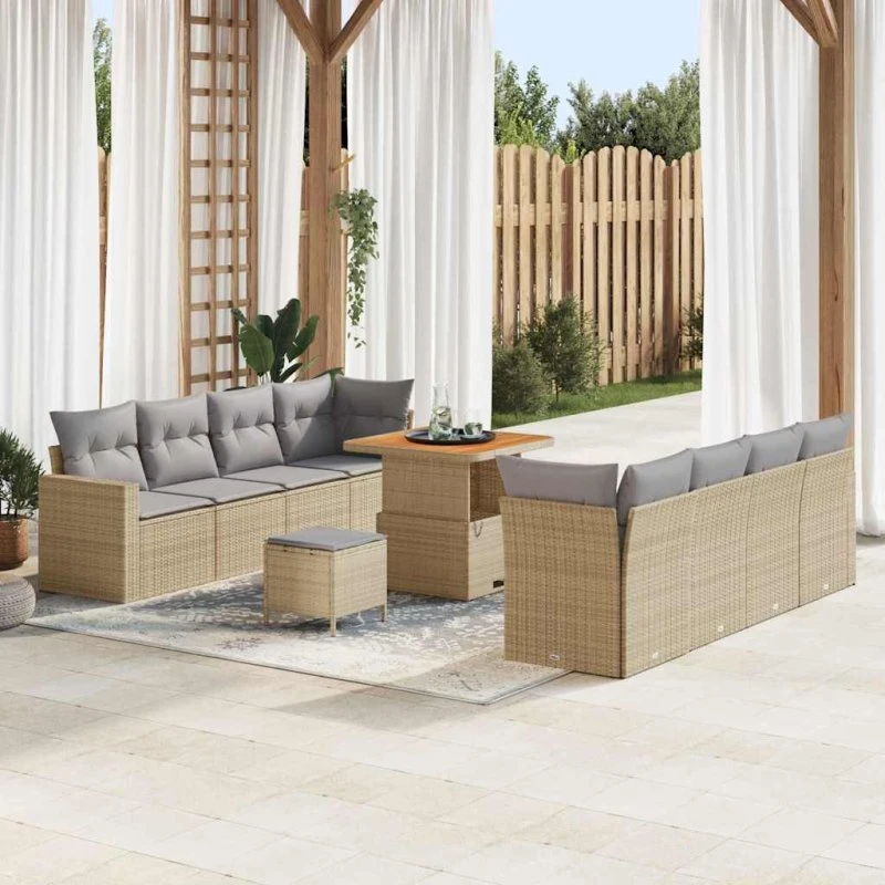 Havesofa sæt 11 dele beige polyrattan med akacietræ