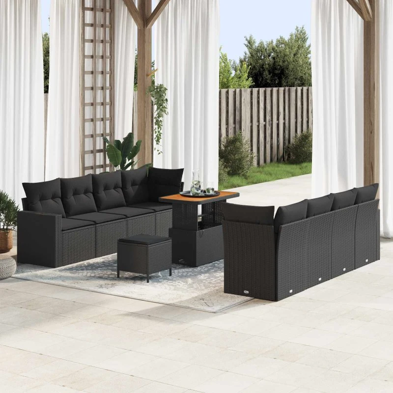 Havesofa Sæt 11 dele - Sort polyrattan & akacietræ