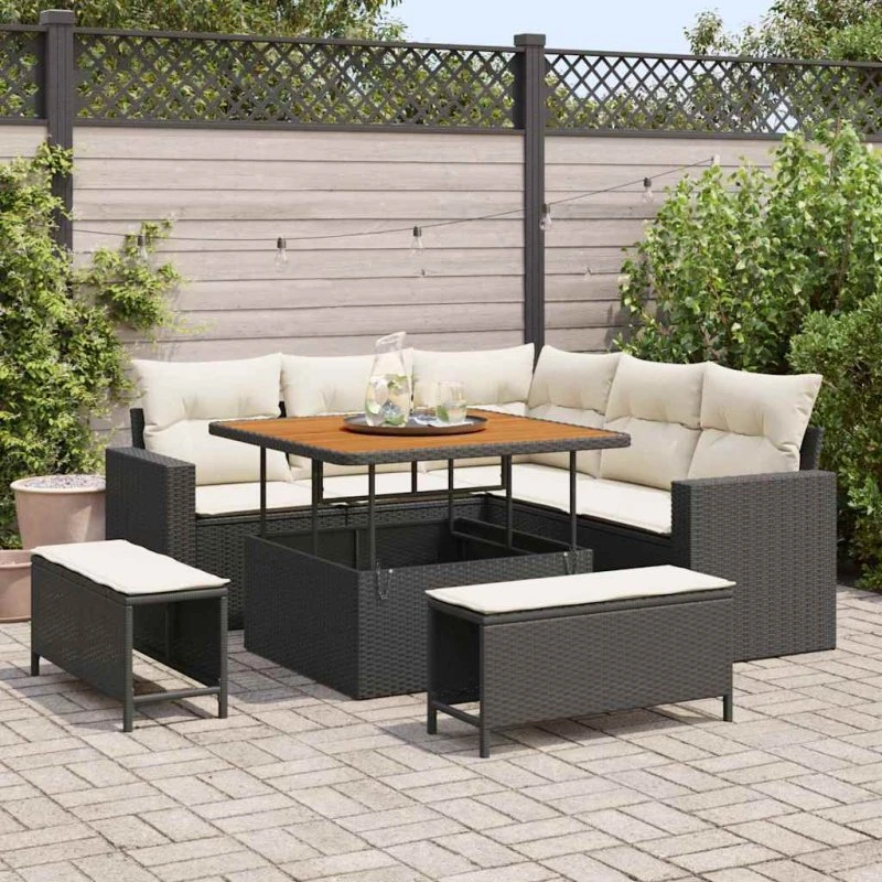 Havesofa Sæt 8 dele - Sort polyrattan & akacietræ